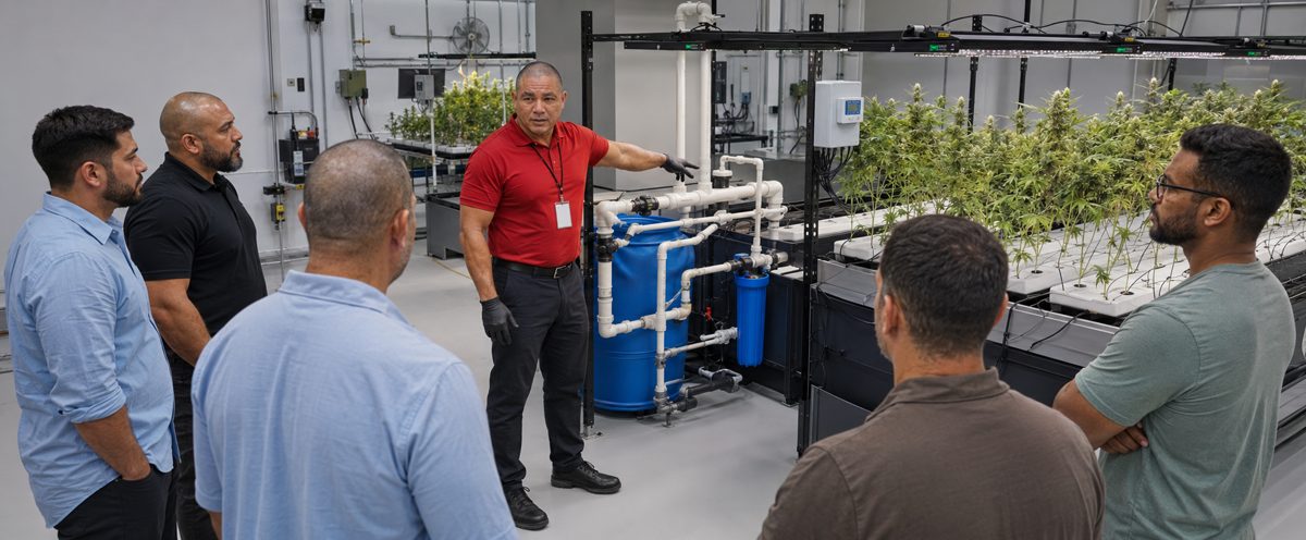 Devin Lockett with partners inspecting cannabis cultivation in the grow facility